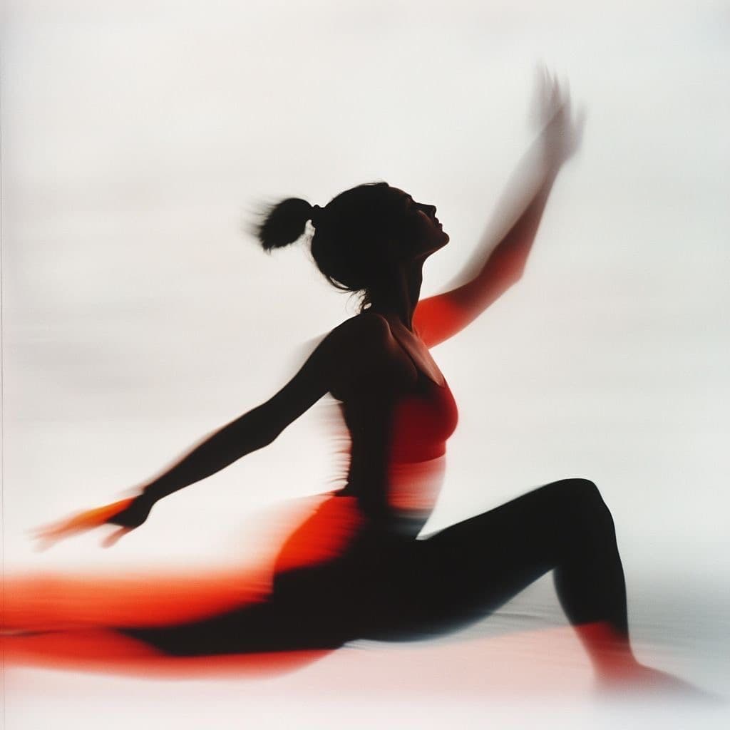 Motion-blur silhouette mid-movement, warm rim light